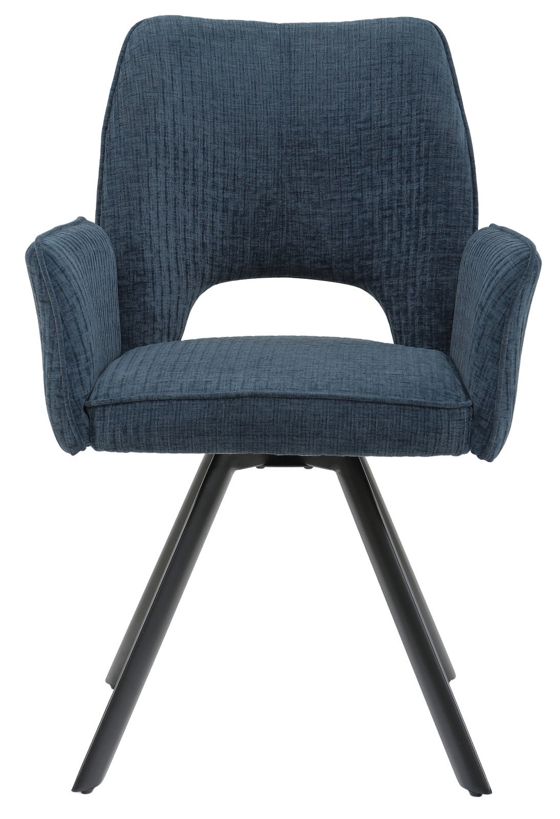 Vorderansicht eines blauen Armlehnstuhls mit schwarzem Metallgestell und gepolsterten Armlehnen.