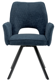 Vorderansicht eines blauen Armlehnstuhls mit schwarzem Metallgestell und gepolsterten Armlehnen.