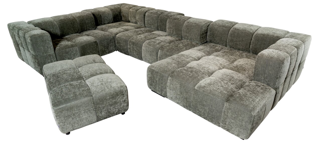 Großes, modulares Ecksofa in U-Form aus grauem Stoff, Ansicht von schräg oben.
