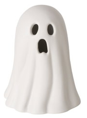 Weiße Geister-Figur als Halloween-Deko mit schwarzen Augen und offenem Mund, freigestellt auf weißem Hintergrund, Frontalansicht