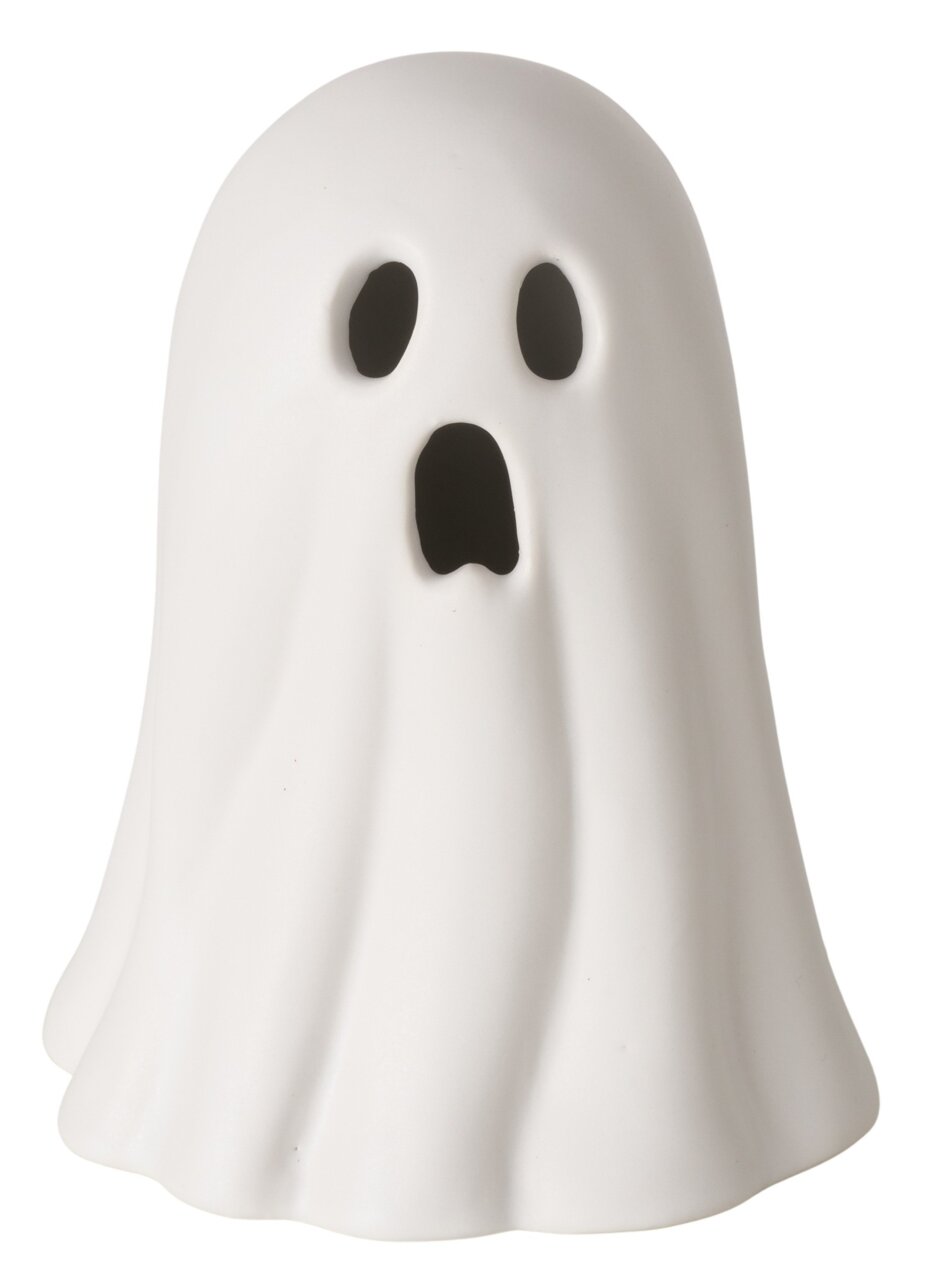 Weiße Geister-Figur als Halloween-Deko mit schwarzen Augen und offenem Mund, freigestellt auf weißem Hintergrund, Frontalansicht