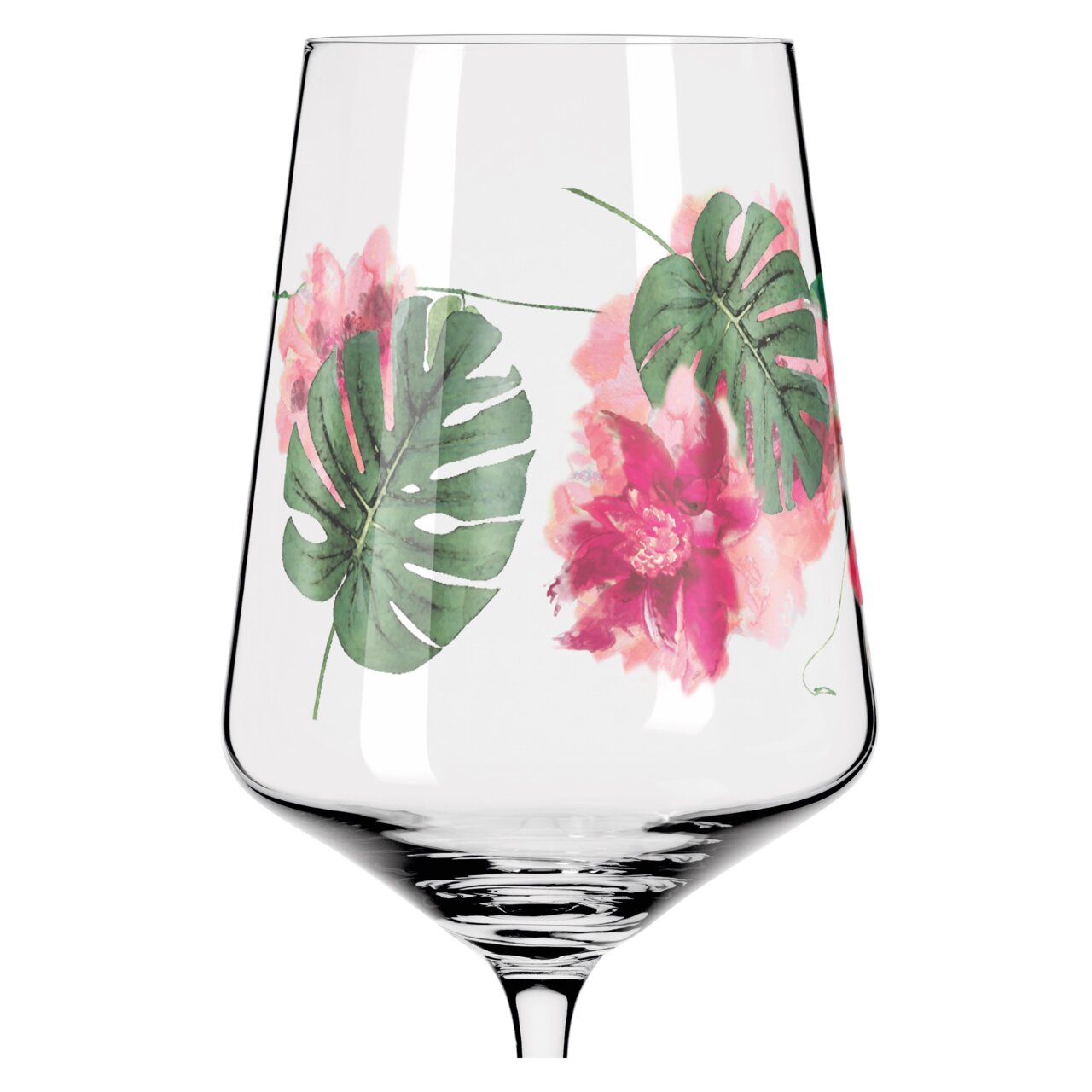Weinglas mit tropischem Blumen- und Blätterdesign, seitliche Perspektive