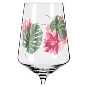 Weinglas mit tropischem Blumen- und Blätterdesign, seitliche Perspektive