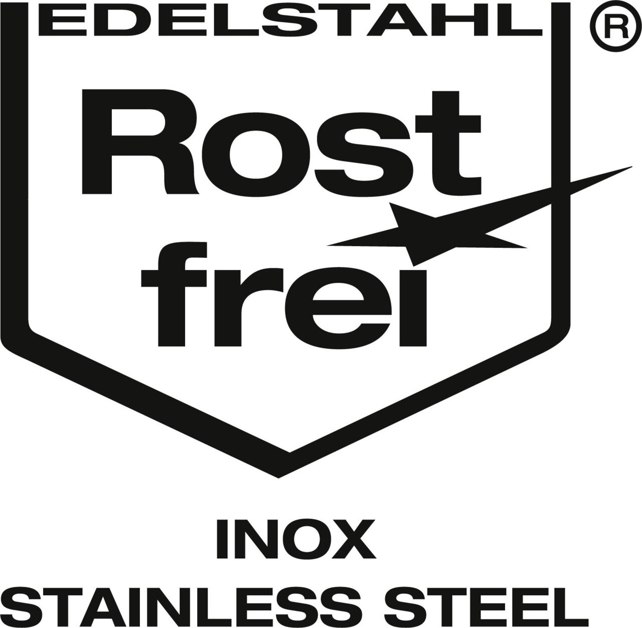 Logo mit der Aufschrift 'Edelstahl Rostfrei Inox Stainless Steel', frontal betrachtet.