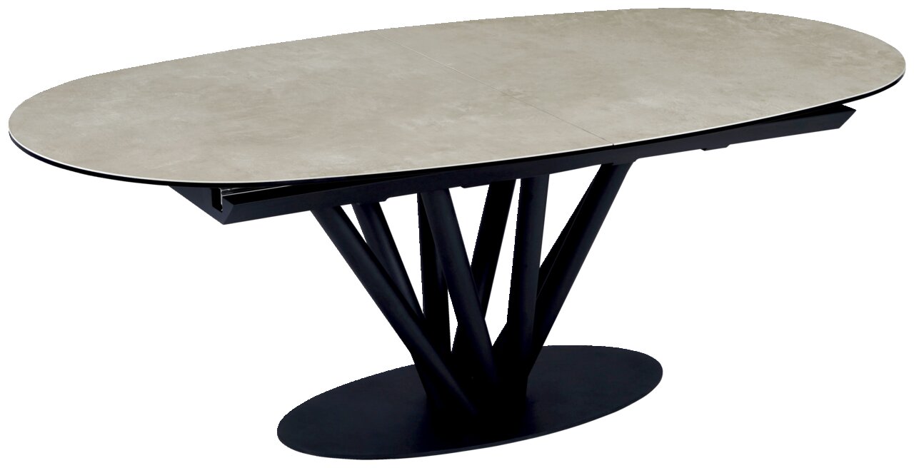 Belluti Esstisch GIULIA Moderner Esstisch mit ovaler, heller Tischplatte und schwarzem, skulpturalem Untergestell, seitliche Perspektive