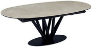 Moderner Esstisch mit ovaler, heller Tischplatte und schwarzem, skulpturalem Untergestell, seitliche Perspektive