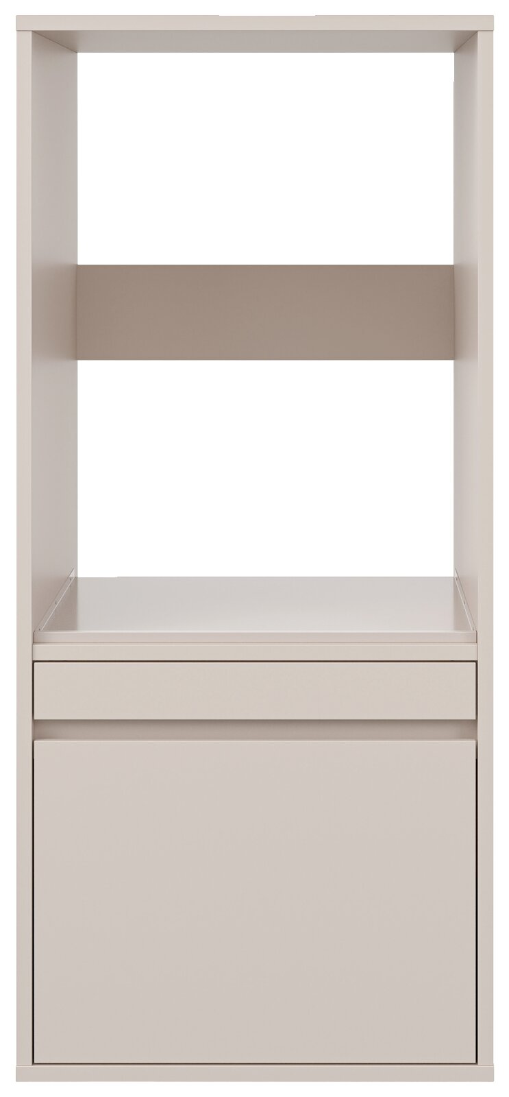 Weißes, minimalistisches Regal-/Schrankmodul mit offenem Oberfach, mittlerem Ablageboden und geschlossenem Unterfach, Frontansicht