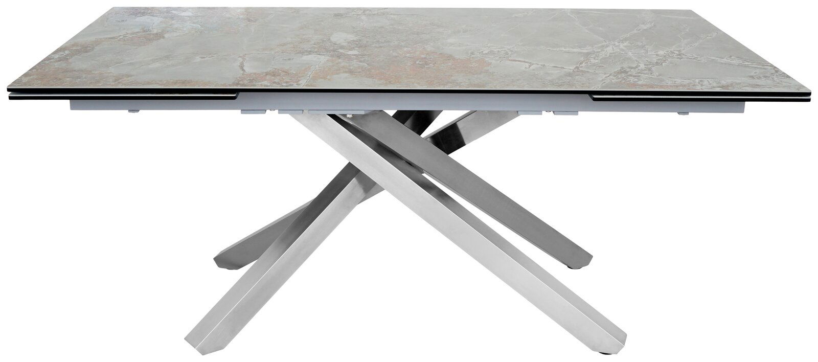 Moderner Esstisch mit Marmoroptik-Tischplatte und gekreuztem Metallgestell, seitliche Perspektive