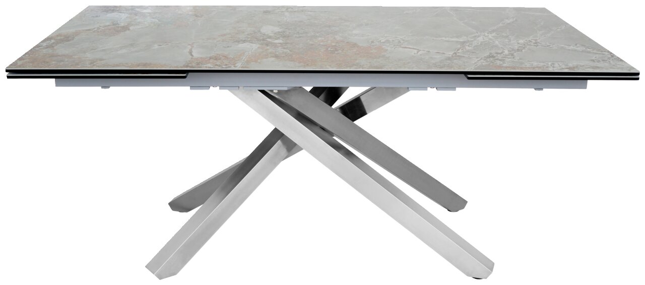 Moderner Esstisch mit Marmoroptik-Tischplatte und gekreuztem Metallgestell, seitliche Perspektive