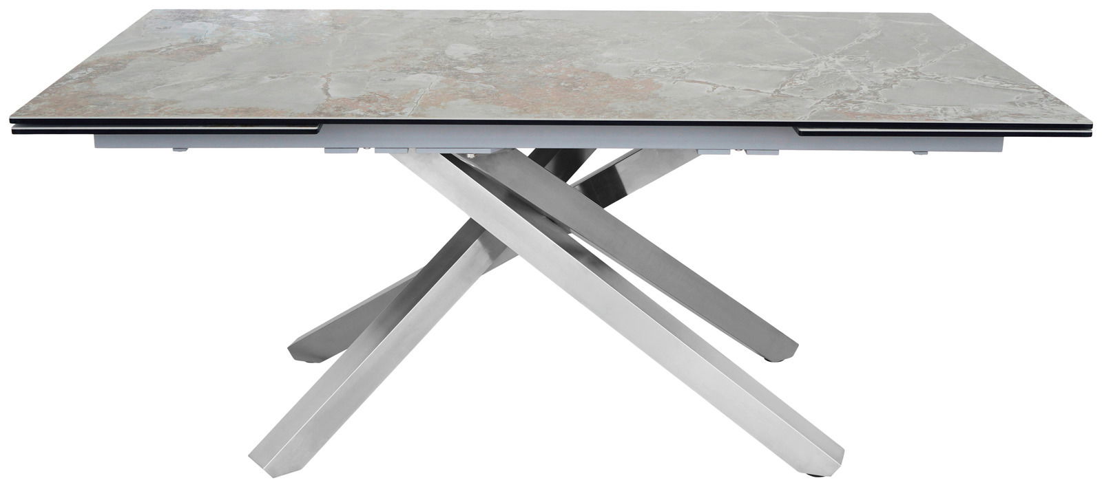 Moderner Esstisch mit Marmoroptik-Tischplatte und gekreuztem Metallgestell, seitliche Perspektive