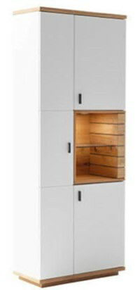 Weißes Highboard mit Holzakzenten und offener Nische, frontale Ansicht