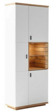 Weißes Highboard mit Holzakzenten und offener Nische, frontale Ansicht