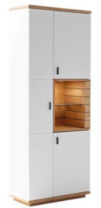 Weißes Highboard mit Holzakzenten und offener Nische, frontale Ansicht