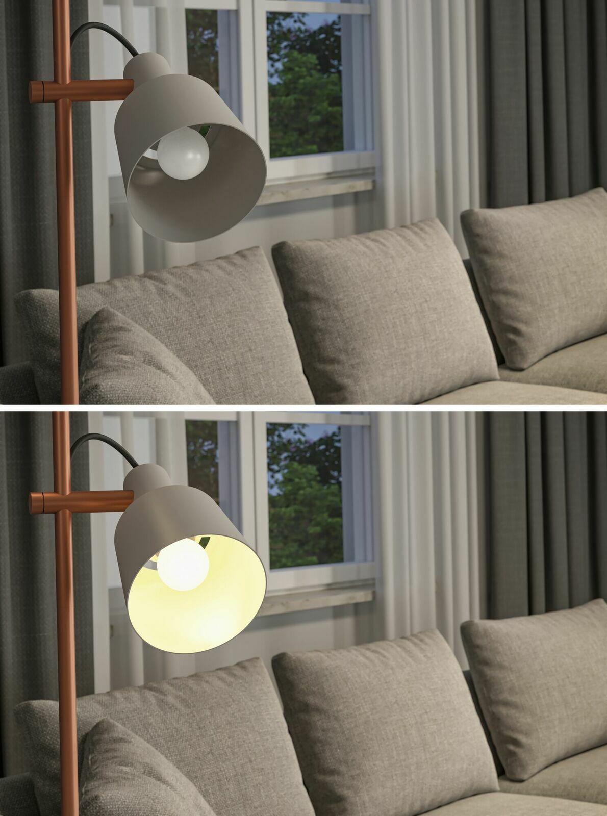 Stehlampe mit LED-Leuchtmittel neben einem Sofa, einmal ausgeschaltet und einmal eingeschaltet, seitliche Perspektive