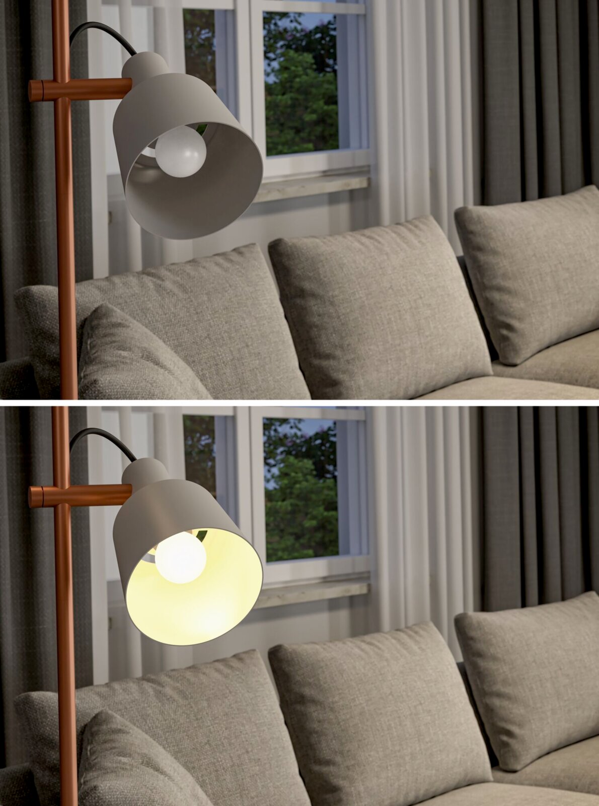 Staande lamp met ledlamp naast een bank, eenmaal uitgeschakeld en eenmaal ingeschakeld, zijaanzicht
