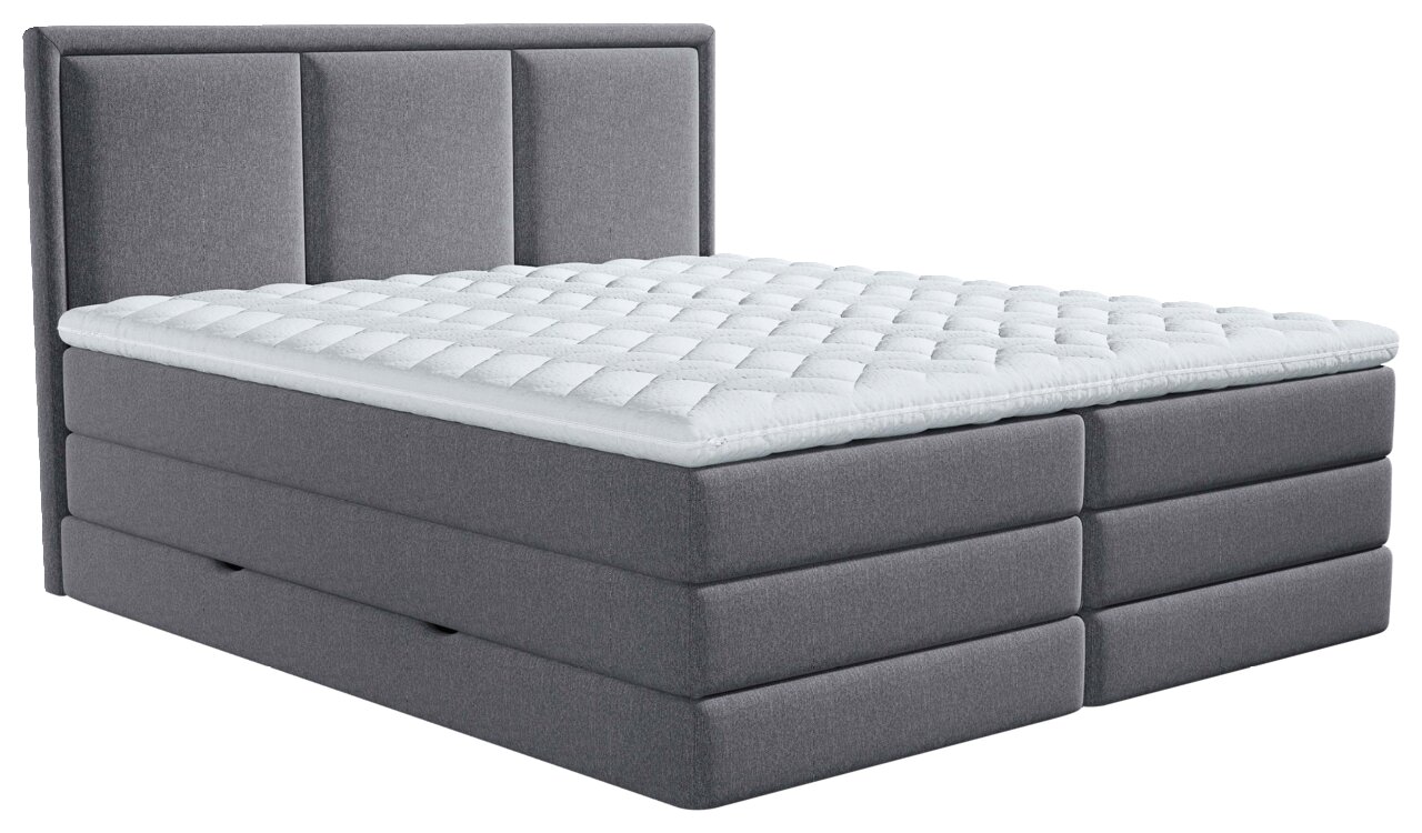 Grijs boxspringbed met gewatteerde topper, zijaanzicht