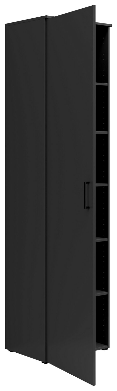 Schwarzer Mehrzweckschrank mit geöffneter Tür, seitliche Perspektive, zeigt mehrere Regalfächer im Inneren.