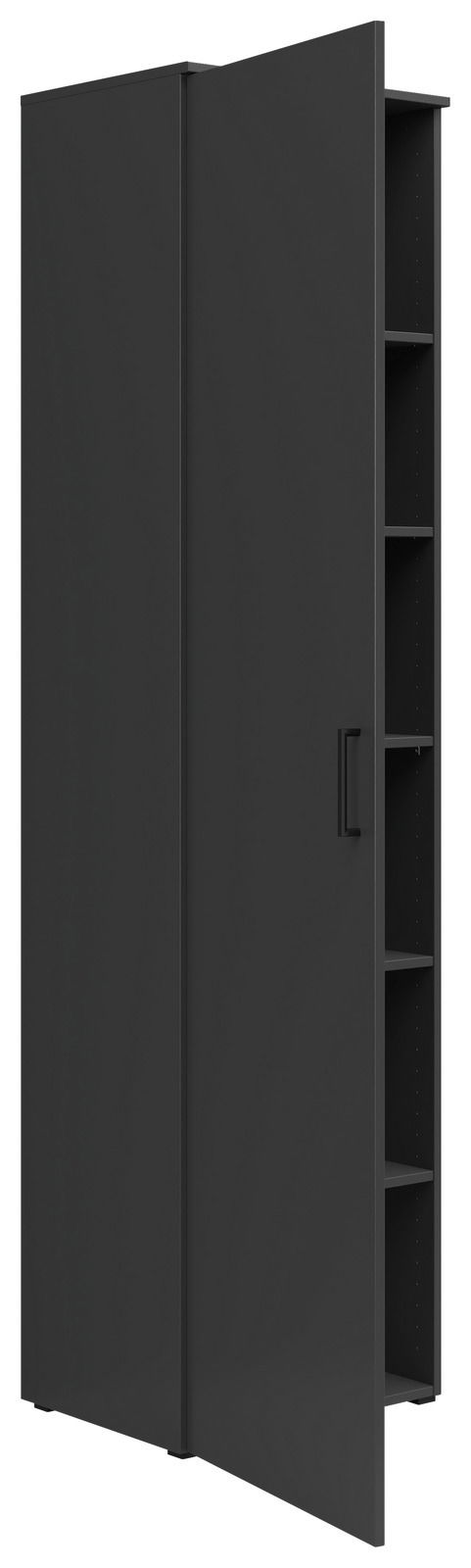 Schwarzer Mehrzweckschrank mit geöffneter Tür, seitliche Perspektive, zeigt mehrere Regalfächer im Inneren.