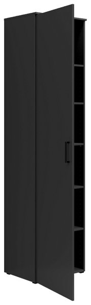 Schwarzer Mehrzweckschrank mit geöffneter Tür, seitliche Perspektive, zeigt mehrere Regalfächer im Inneren.