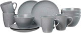 Graues Frühstücksset Kitwe, 12-teilig, bestehend aus Tassen, Schalen und Tellern mit gesprenkeltem Design, seitliche Perspektive.