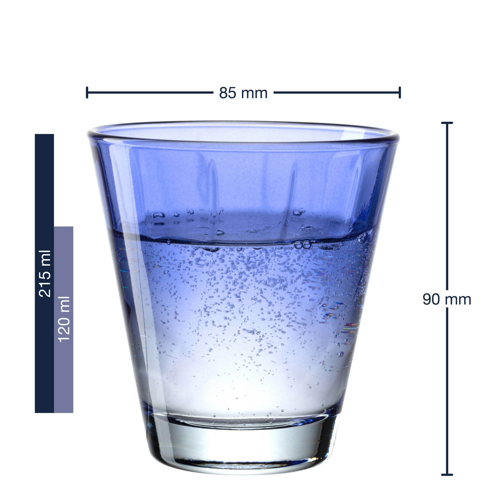 Blaues Trinkglas Twist mit 220 ml Fassungsvermögen, seitliche Ansicht mit Maßangaben.