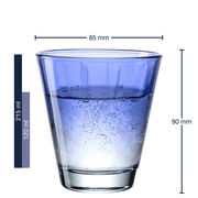Blaues Trinkglas Twist mit 220 ml Fassungsvermögen, seitliche Ansicht mit Maßangaben.