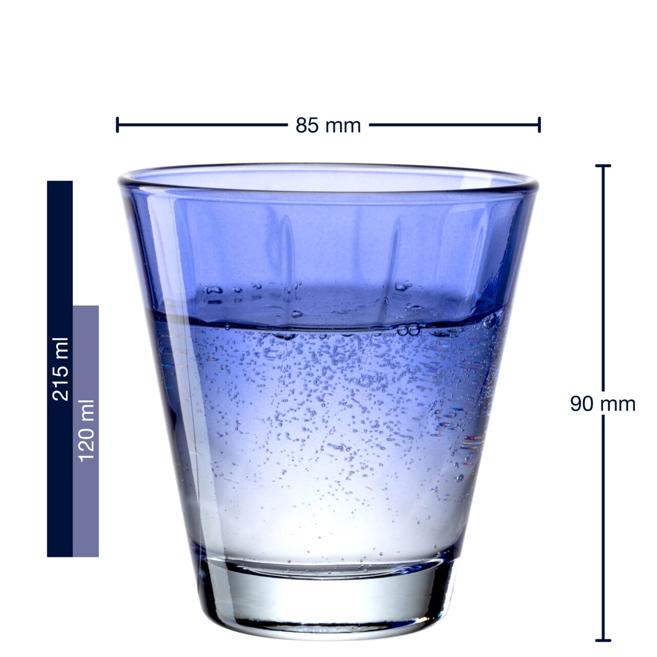 Blauw drinkglas Twist met een inhoud van 220 ml, zijaanzicht met maatvermeldingen.