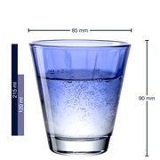 Blauw drinkglas Twist met een inhoud van 220 ml, zijaanzicht met maatvermeldingen.