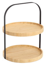 Zweistöckige Etagere aus Holz mit schwarzem Metallgriff, seitliche Perspektive