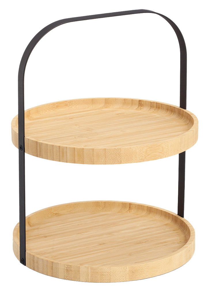 Zweistöckige Etagere aus Holz mit schwarzem Metallgriff, seitliche Perspektive