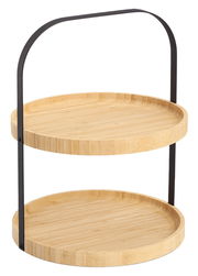 Zweistöckige Etagere aus Holz mit schwarzem Metallgriff, seitliche Perspektive