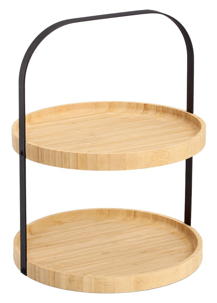 Zweistöckige Etagere aus Holz mit schwarzem Metallgriff, seitliche Perspektive