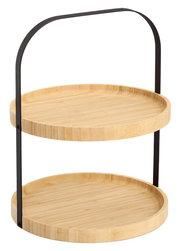 Zweistöckige Etagere aus Holz mit schwarzem Metallgriff, seitliche Perspektive