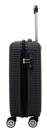 Schwarzer Trolley, 50 cm, Seitenansicht mit ausgezogenem Griff und vier Rollen.