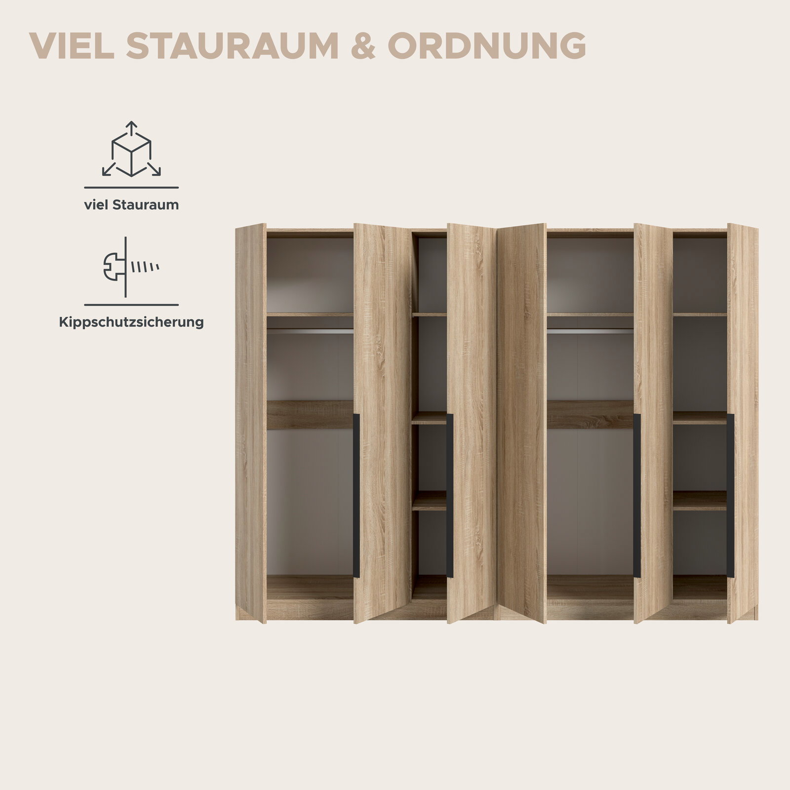 Geöffneter Kleiderschrank in heller Holzoptik mit mehreren Fächern und Kleiderstangen, viel Stauraum und Kippschutzsicherung, Frontansicht.