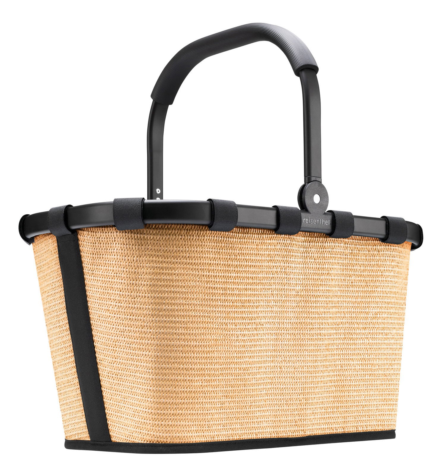 Tragetasche aus geflochtenem Material mit schwarzem Griff, seitliche Perspektive