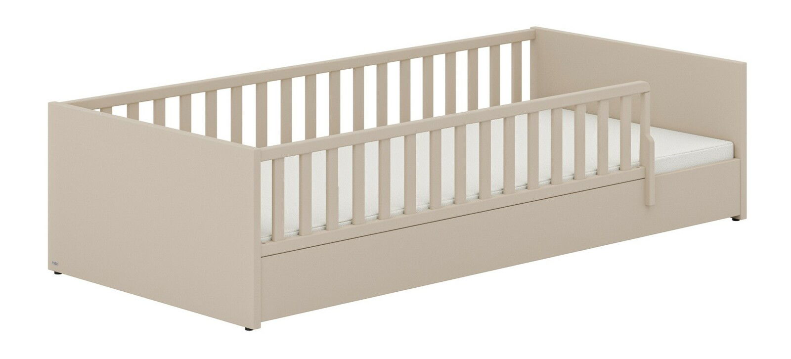 Beiges Bodenbett mit Gitterstäben, seitliche Perspektive