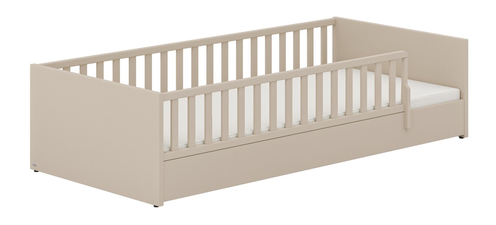 Beiges Bodenbett mit Gitterstäben, seitliche Perspektive