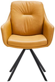 Moderner Armlehnstuhl in senfgelbem Leder mit schwarzem Metallgestell, Frontalansicht