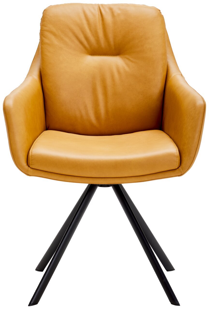 Moderne fauteuil in mosterdgeel leer met een zwart metalen frame, vooraanzicht