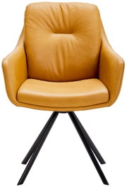 Moderne fauteuil in mosterdgeel leer met een zwart metalen frame, vooraanzicht