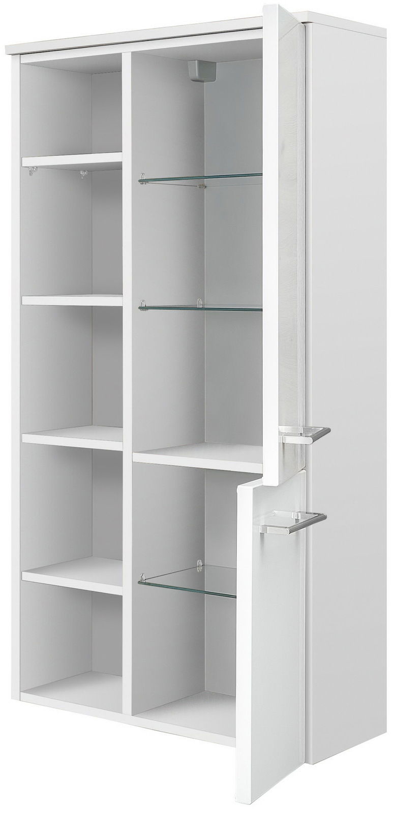 Weißer Midischrank mit mehreren Fächern und Glaseinlegeböden, geöffnete Tür, seitliche Perspektive