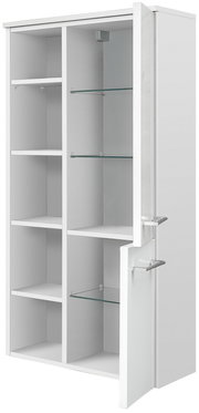 Weißer Midischrank mit mehreren Fächern und Glaseinlegeböden, geöffnete Tür, seitliche Perspektive