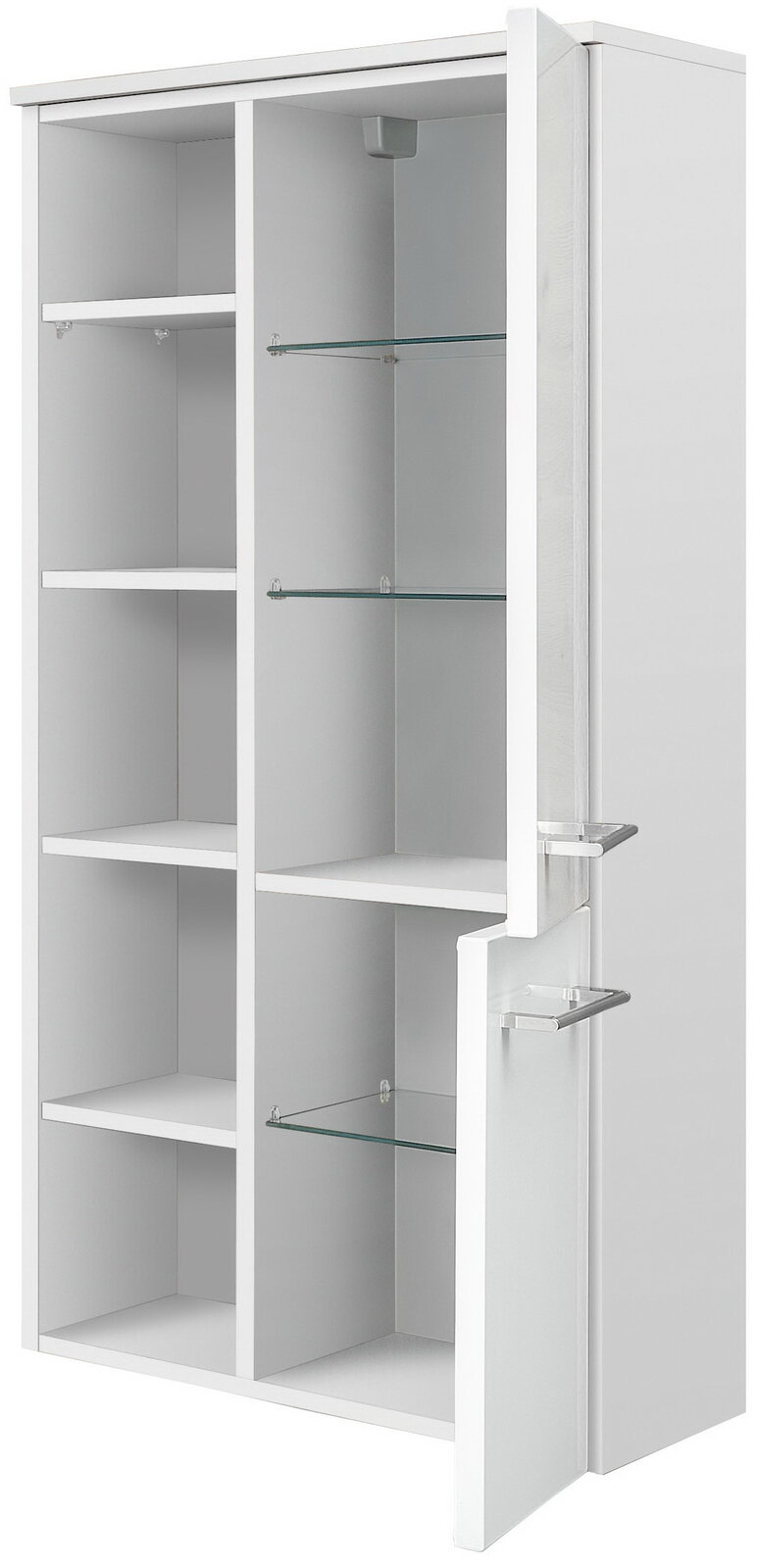 Weißer Midischrank mit mehreren Fächern und Glaseinlegeböden, geöffnete Tür, seitliche Perspektive