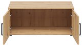 Offener Aufsatzschrank aus Holz mit zwei geöffneten Türen, frontale Ansicht