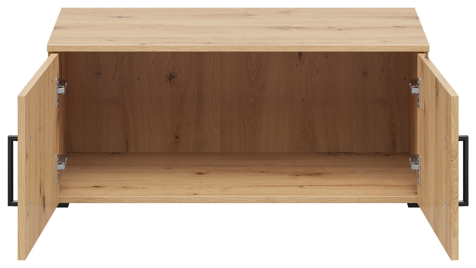 Offener Aufsatzschrank aus Holz mit zwei geöffneten Türen, frontale Ansicht