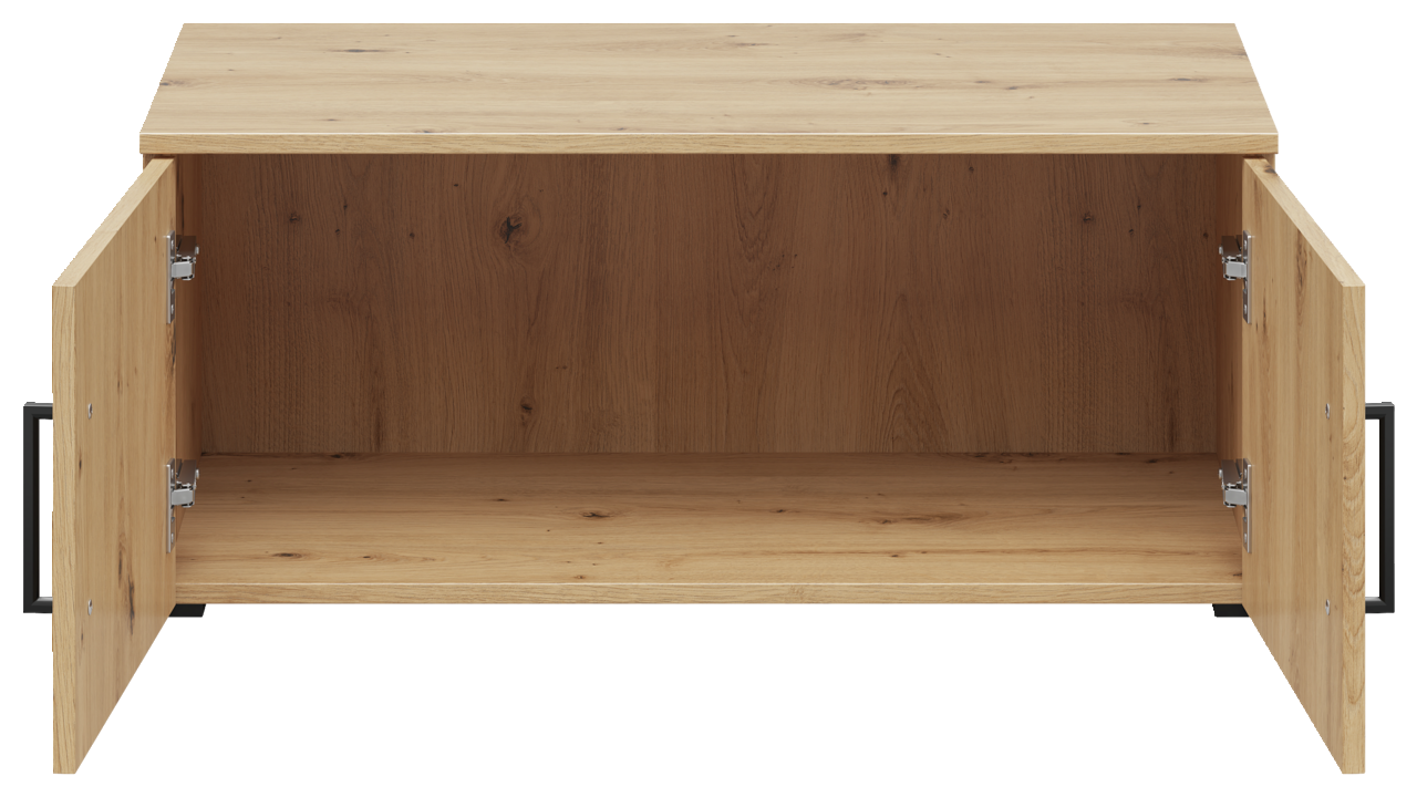 Offener Aufsatzschrank aus Holz mit zwei geöffneten Türen, frontale Ansicht