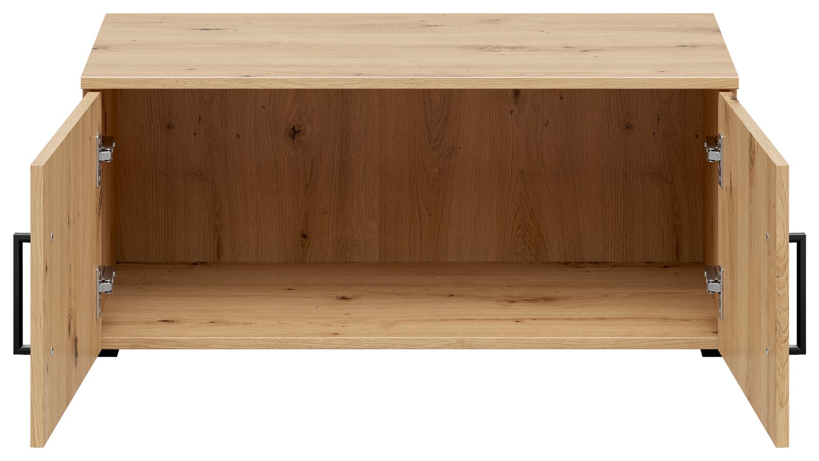 Offener Aufsatzschrank aus Holz mit zwei geöffneten Türen, frontale Ansicht