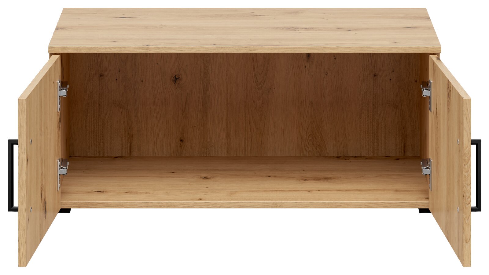 Offener Aufsatzschrank aus Holz mit zwei geöffneten Türen, frontale Ansicht