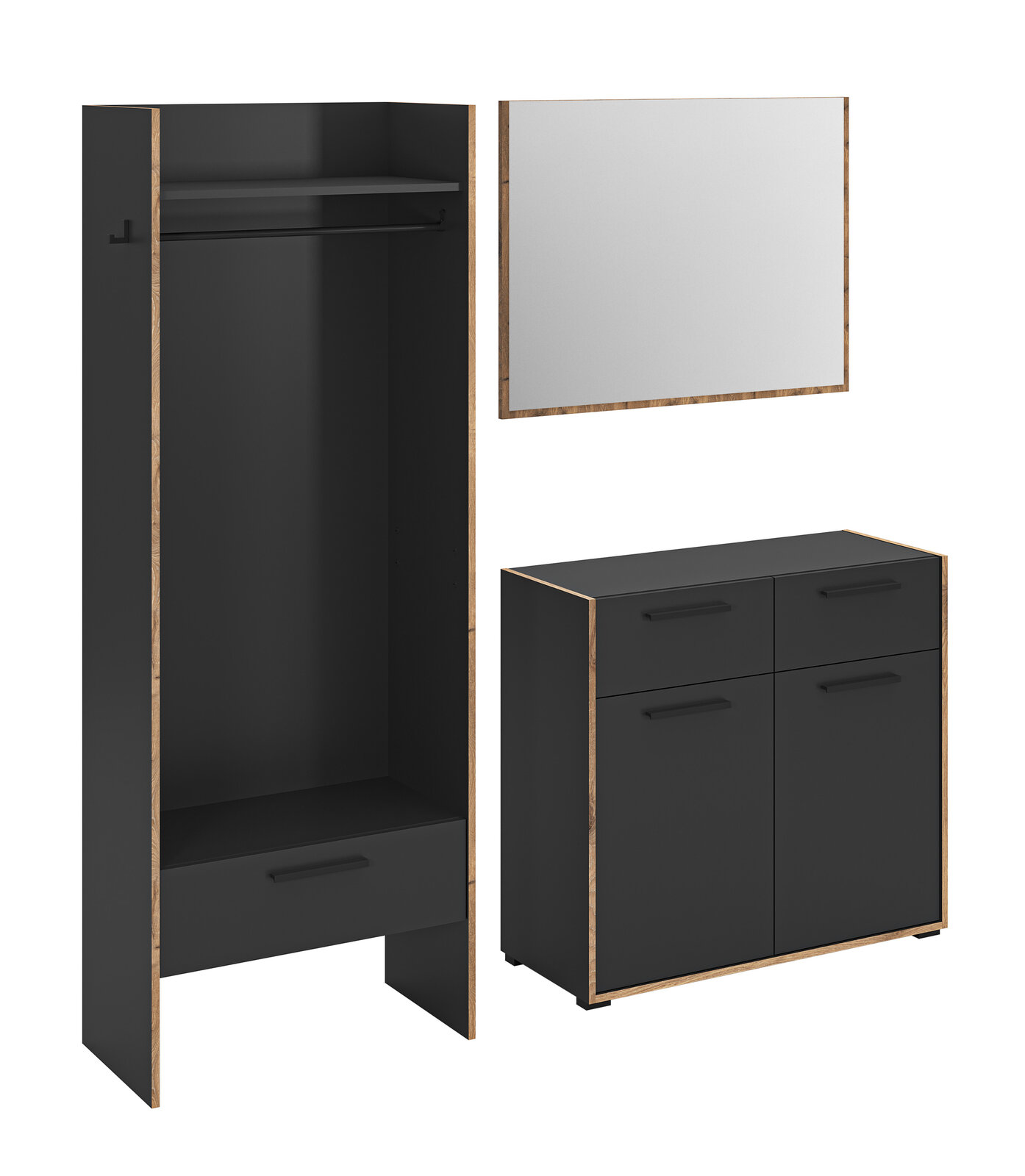 MID.YOU Garderobenkombination BUENO Modernes Garderoben-Set in Schwarz mit Holzoptik-Kanten: offener Kleiderschrank mit Kleiderstange und Schublade, dazu Schuhschrank mit vier Türen und Wandspiegel; Ansicht schräg von vorn auf weißem Hintergrund.